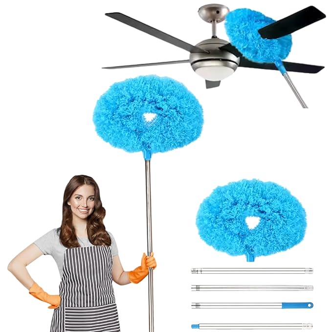 Blue fan duster head with screw-together extension rod sections