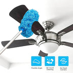Blue microfiber duster head wrapped over a ceiling fan blade