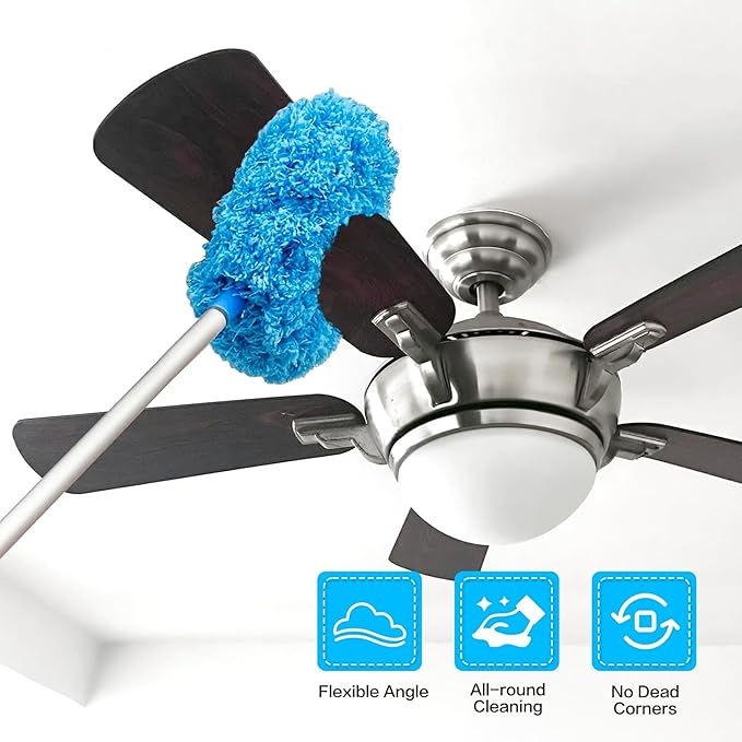 Blue microfiber duster head wrapped over a ceiling fan blade