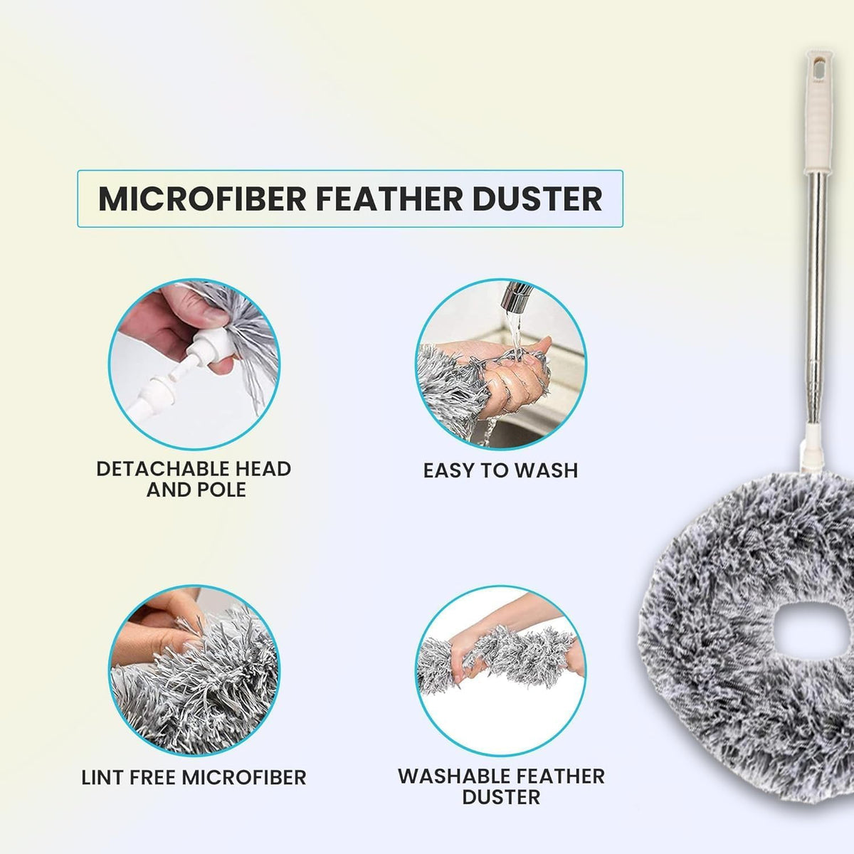 Detachable and washable microfiber duster head being rinsed under a tap