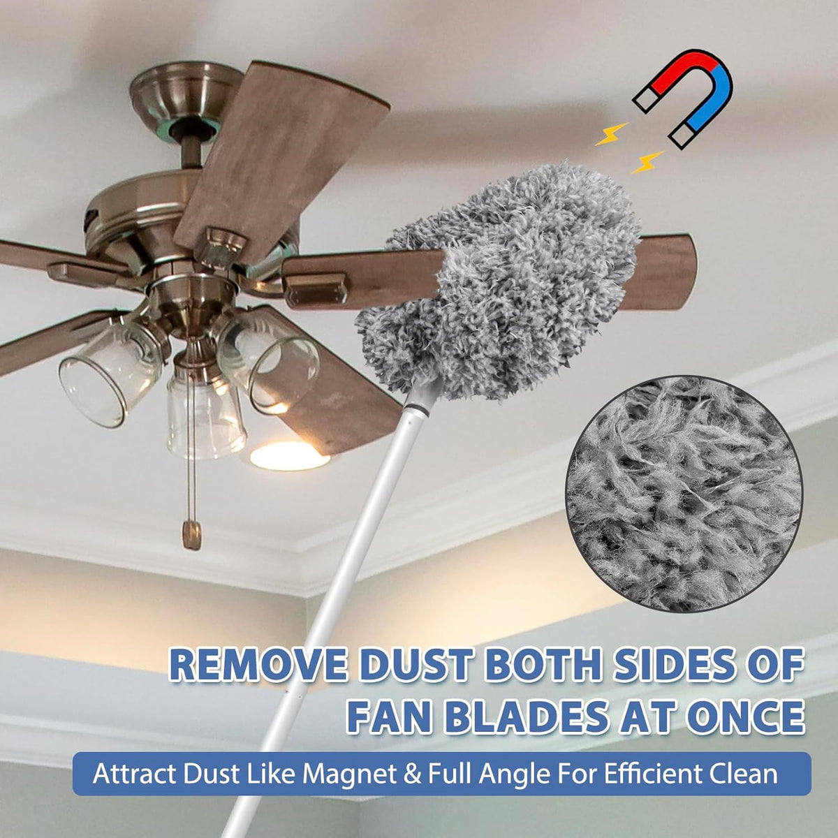 Ring-shaped duster wrapped around a ceiling fan blade, cleaning both sides at once
