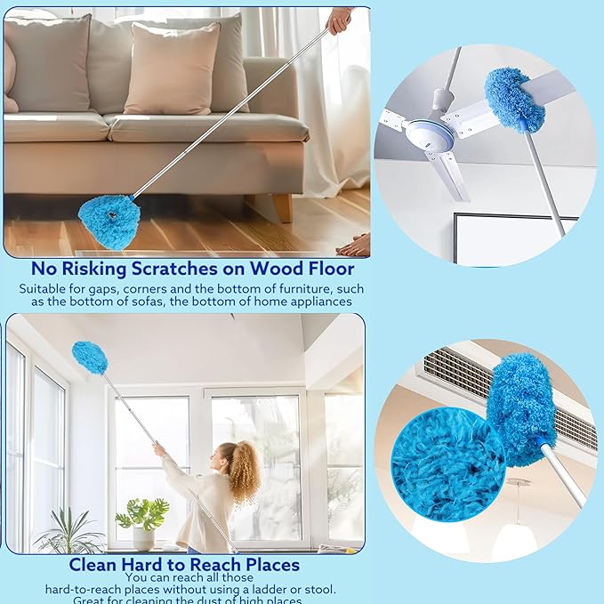 Blue duster reaching under the sofa, high corners and an AC unit