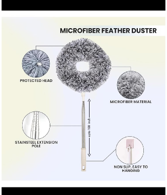 Round microfiber duster features: microfiber head, stainless steel extension pole, non-slip handle with hanging hole