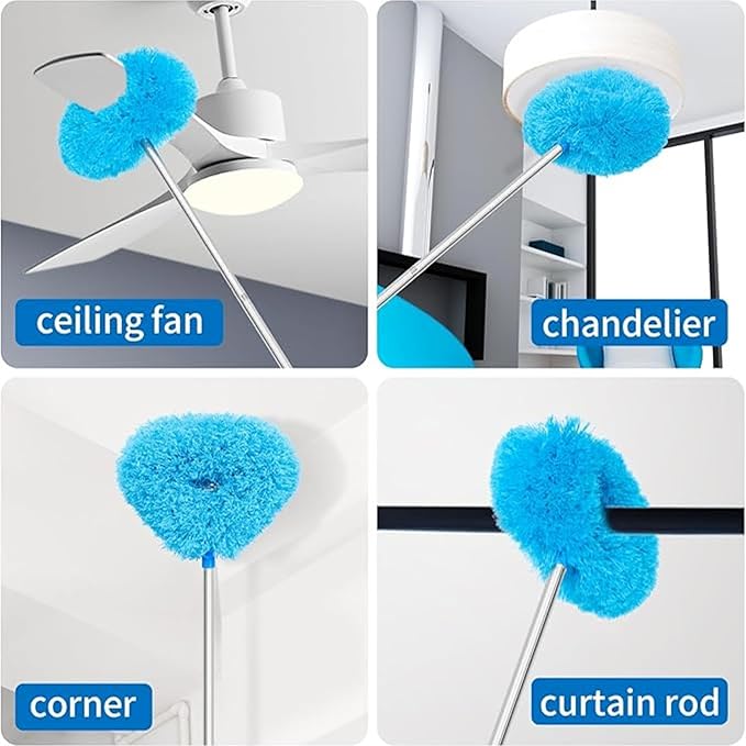 Blue microfiber duster cleaning a ceiling fan, chandelier, corner and curtain rod