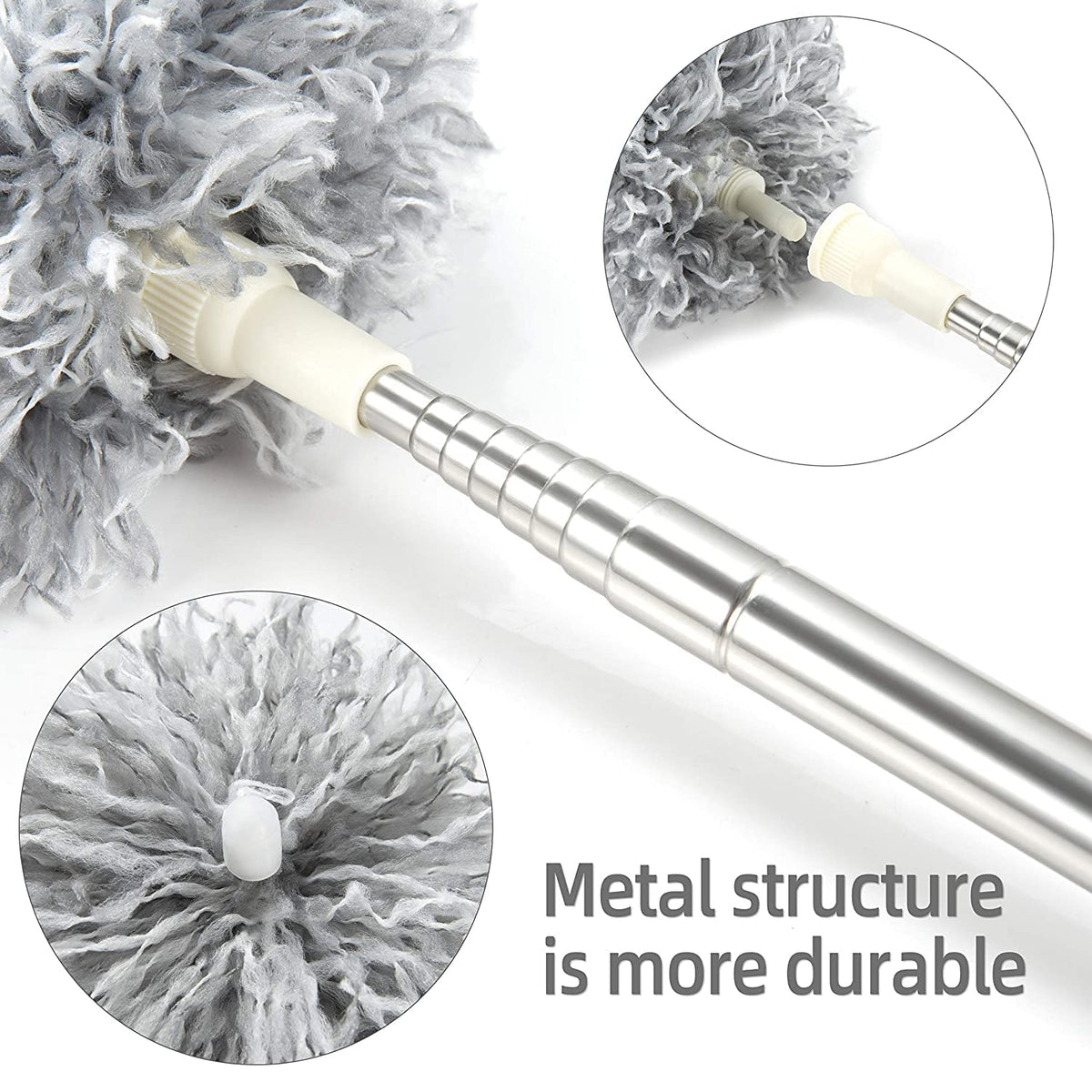 Close-up of the stainless steel telescopic pole and duster head connector
